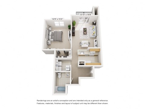 Floor plan for 1 bed, 1 bath, 808 sqft